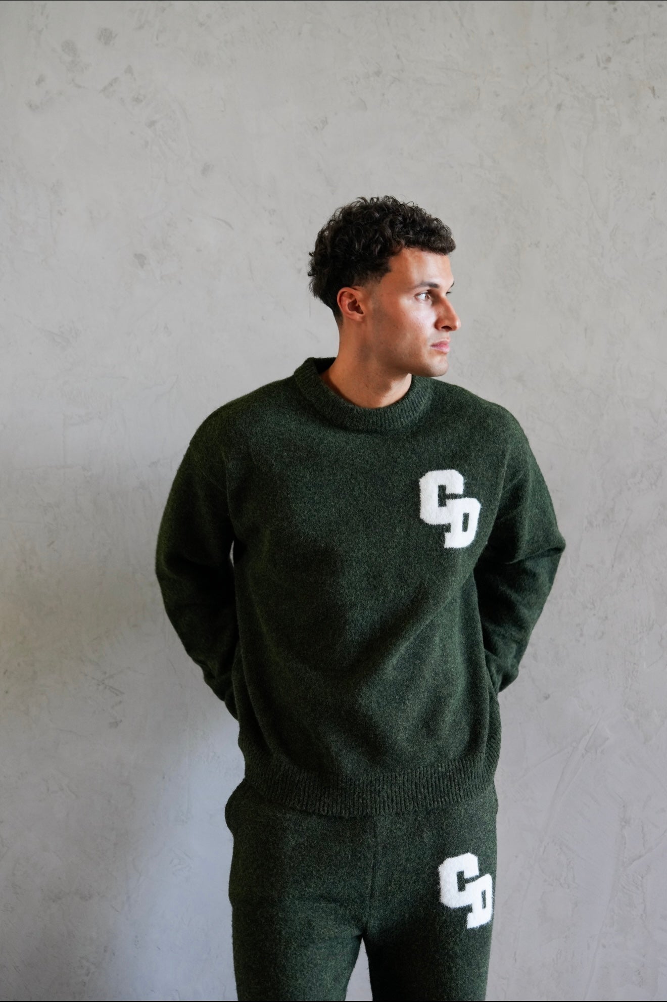Model view of Cardair CD Logo Knit Olive Sweatshirt